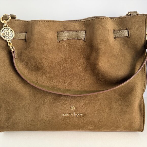 Nanette Lepore Handbags - Nanette Lepore Brown Suede Tote Leather Trim Gold Hardware